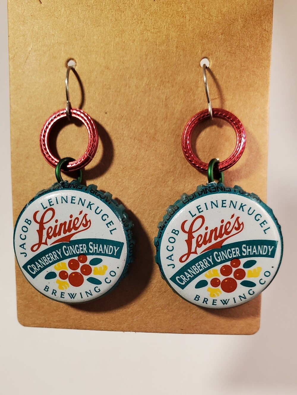 Leinenkugel Cranberry Ginger Shandy Bottle Cap Dangle Earrings - Red & Green